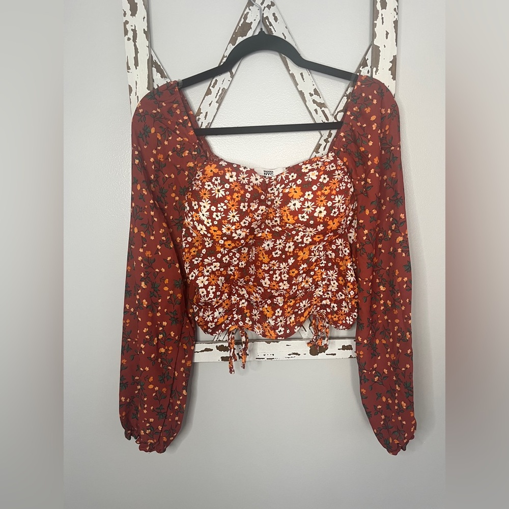 Madden NYC Orange Floral Bohemian Style Long Sleeve Cropped Blouse Padded Cups L